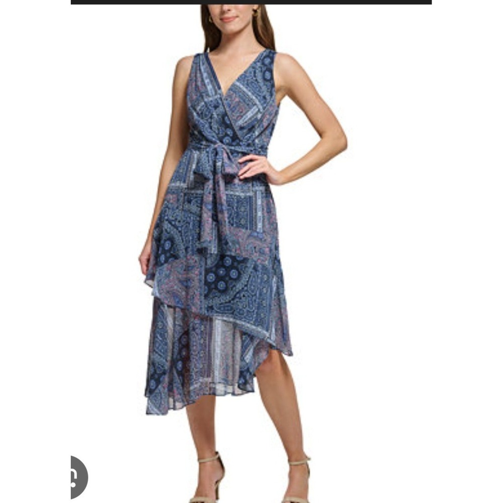 Tommy Hilfiger Blue Patchwork Chiffon Belted A Line Midi Dress Size 16 Sleeveles